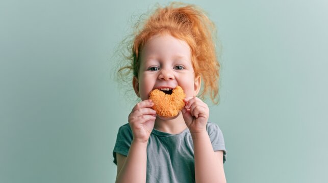 Happy red-haired toddler taking bite of homemade cookie on studio background. Cute child enjoying sweet snack, joyful childhood, dessert and playful portrait concept