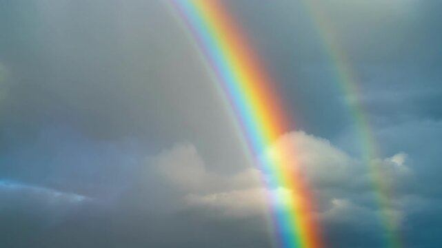 Vibrant rainbow arc against dark stormy clouds