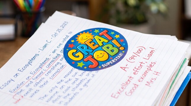 A completed school assignment on ecosystems featuring an A- grade, positive teacher feedback, and a colorful Great Job Superstar sticker placed prominently on the top page.