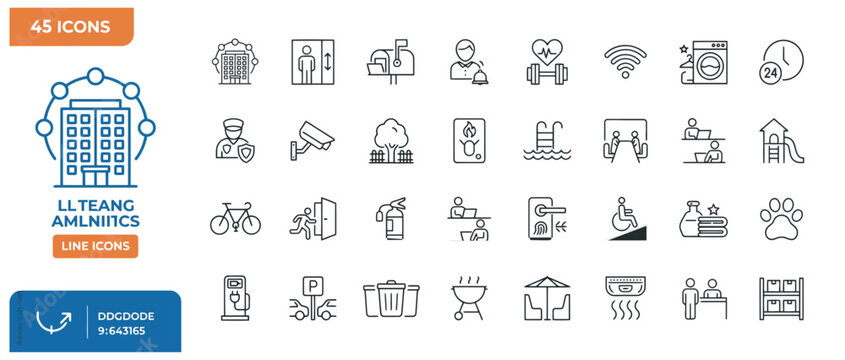 Comprehensive collection of forty-five building amenity line icons for modern hotel facilities.