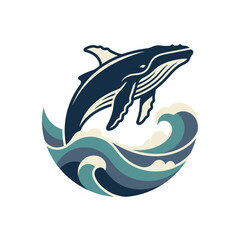 Naklejka premium Stylized humpback whale jumping out of ocean waves illustration.