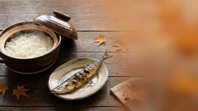 Traditional clay pot white rice and grilled pacific saury on a dark wood table with a smooth warm-toned foreground bokeh blur to the right