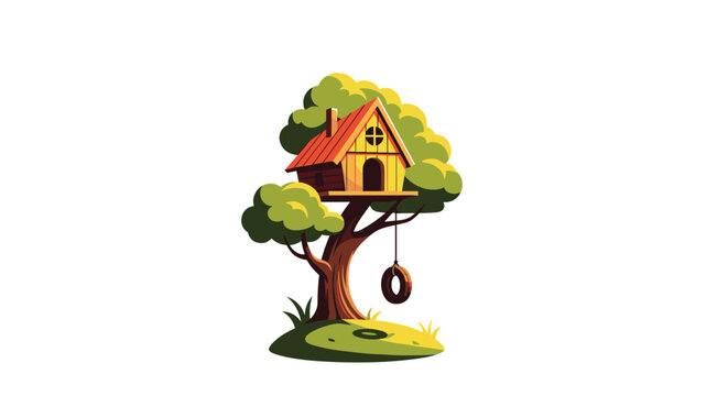 Cozy wooden treehouse nestled in a lush green tree with a tire swing hanging from a branch on a white background.