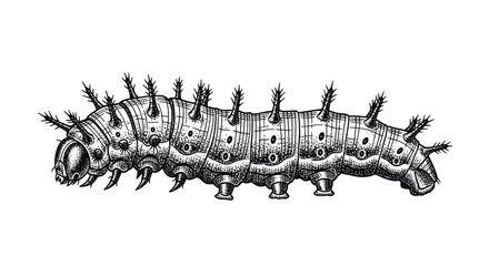 Obraz premium Intricate vintage engraving of a spiky caterpillar showing detailed segments and tiny hairs on a clean white background.