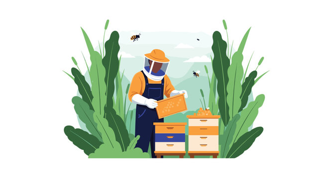Professional beekeeper in a protective suit inspecting a honeycomb frame among beehives in a lush green field with flowers.