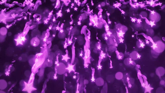 Abstract impressionist motion of glowing purple stars falling through a dark violet sky with soft bokeh light effects