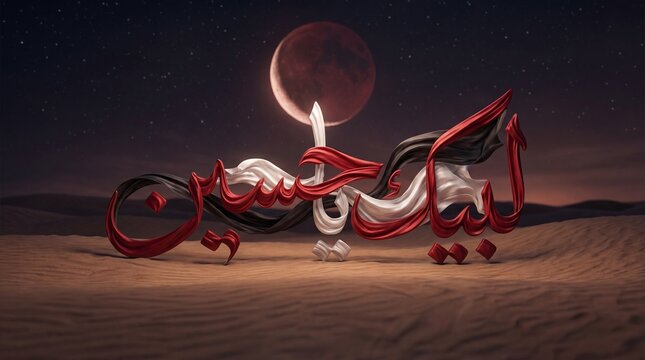 A Arabic calligraphy text Labbaik Ya Hussain related to Muharram event sculpted from flowing saffron, red, and white silk ribbons, realistic fabric layers,red moon light background