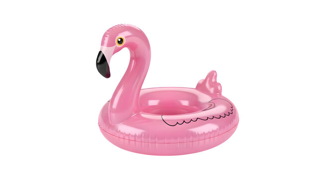 Inflated pink flamingo pool float on white background