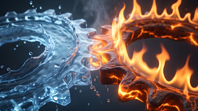 Concept of opposing forces with interlocking water and fire gears representing balance and synergy
