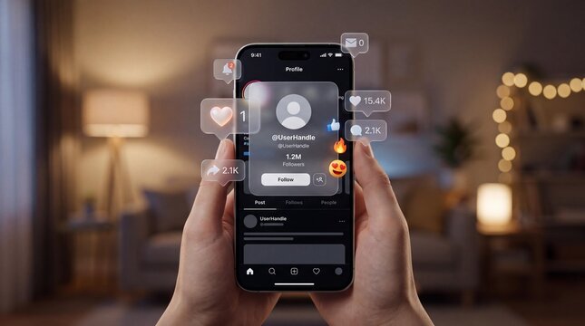 Hands holding smartphone with social media profile on screen