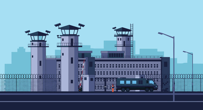 Modern prison facility with tall watchtowers, security fences with barbed wire, and a transport bus parked at the entrance.