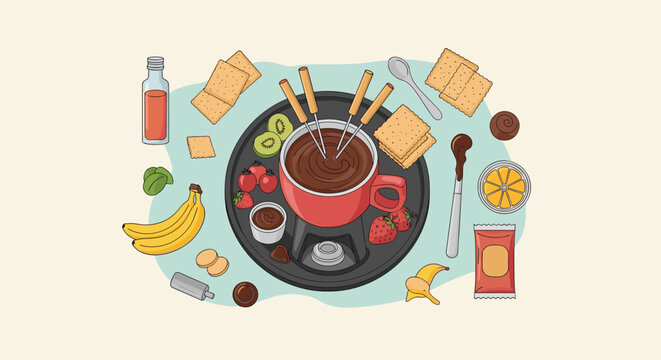Top view of a delicious chocolate fondue set surrounded by fresh fruits, crackers, and dipping skewers on a soft background.