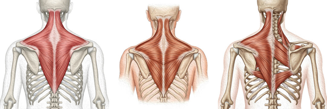 Human Back Anatomy: Detailed Illustration of the Trapezius Muscle, Scapular Movement, and Upper Back Structure for Medical Education and Fitness Analysis