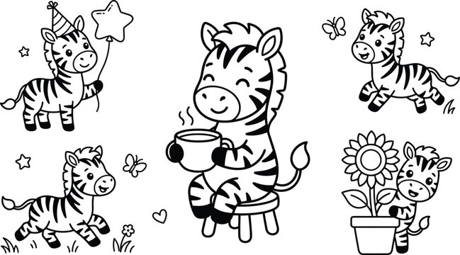 Cute zebra coloring page collection with coffee flower balloon and playful cartoon zebra characters outline vector set