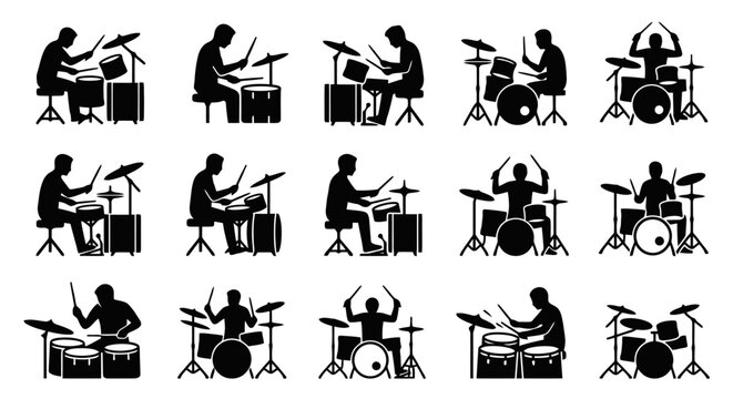 Silhouette icons of drummers playing drums.