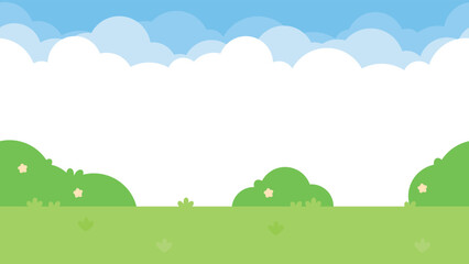 Fototapeta premium Blue sky with white clouds over a lush green garden landscape seamless background. Flat design illustration.