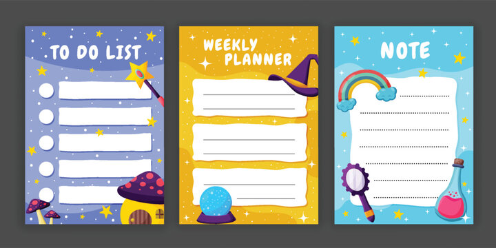 Colorful magical to-do list weekly planner and notes set