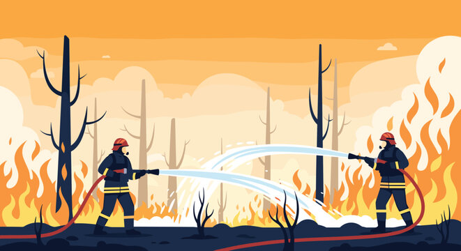 Brave firefighters utilizing high pressure water hoses to extinguish a raging forest fire illustrate the dangerous work of emergency response.