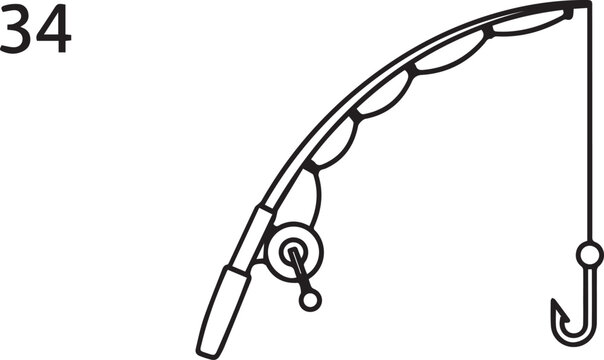 Fishing rod icon with hook and reel on white background