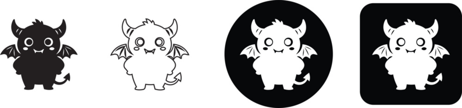 Cute little devil monster character icon set with wings and horns