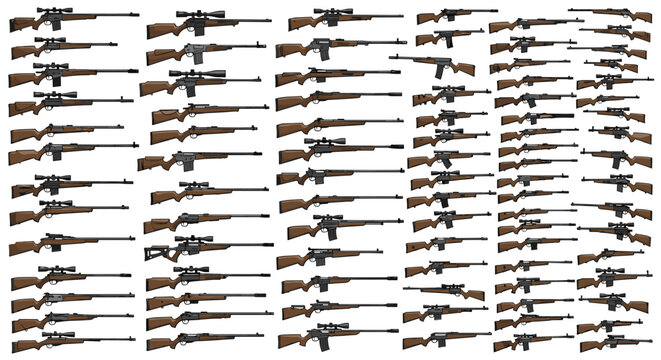 Comprehensive grid of diverse hunting rifles and sniper firearms with different scopes and stock designs for sports and defense.