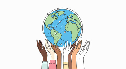 Fototapeta premium Diverse hands unite to support a global symbol of unity and cooperation.