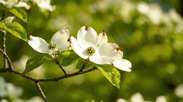 Cinematic close up of white flowering dogwood blossoms swaying gently in the spring breeze against a soft blurred green background