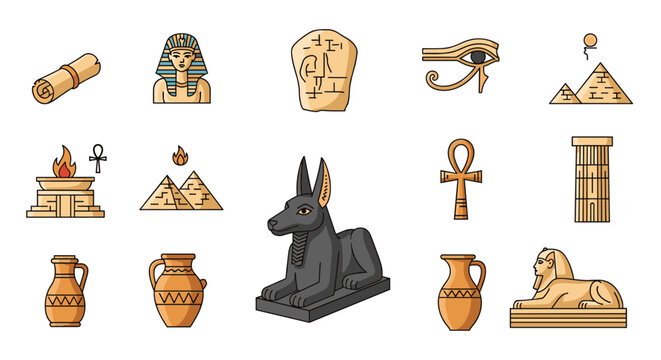 Comprehensive set of colorful vector icons representing various symbols and artifacts from ancient Egyptian history.