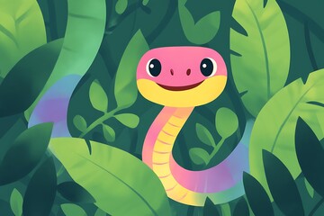 Obraz premium A cheerful green snake exploring vibrant foliage in a lush garden setting.