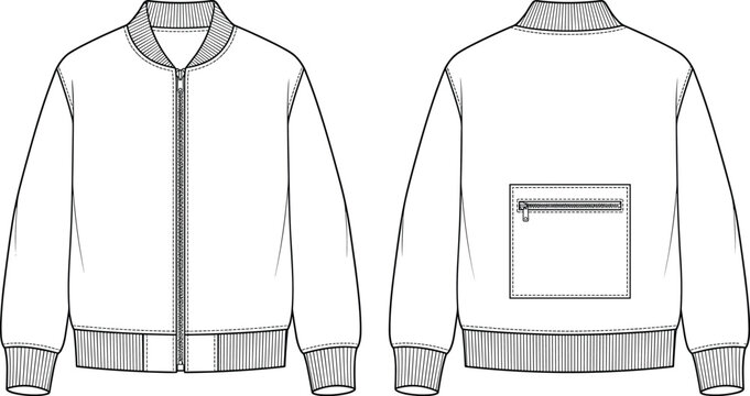 Technical flat sketch of modern zippered jacket with ribbed collar, cuffs, hem and back patch pocket detail illustration