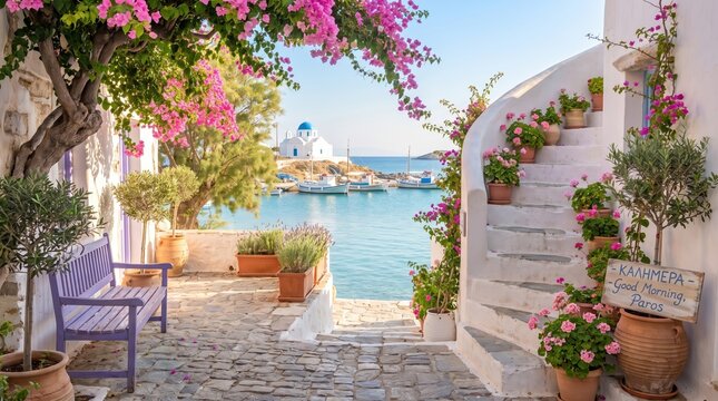 Scenic view of a greek island terrace with a purple bench pink bougainvillea flowers white stone stairs and a blue domed church overlooking the aegean sea in paros greece