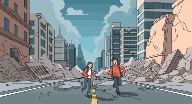 Two children running through a devastated city street filled with rubble and damaged buildings after a major earthquake or disaster.