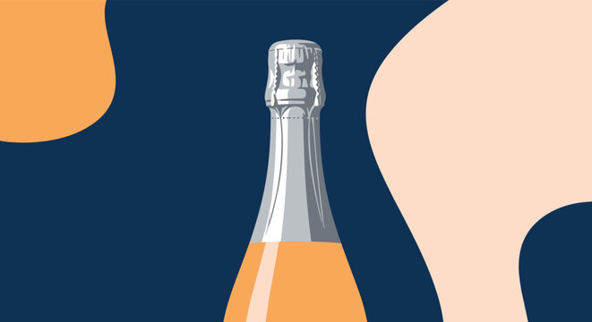Close up of a champagne bottle neck with silver foil and a wire cage against a blue background with abstract orange and pink shapes.