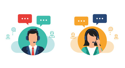 Fototapeta premium Flat vector illustration of male and female customer service agents wearing headsets and speaking through colorful chat bubble icons.
