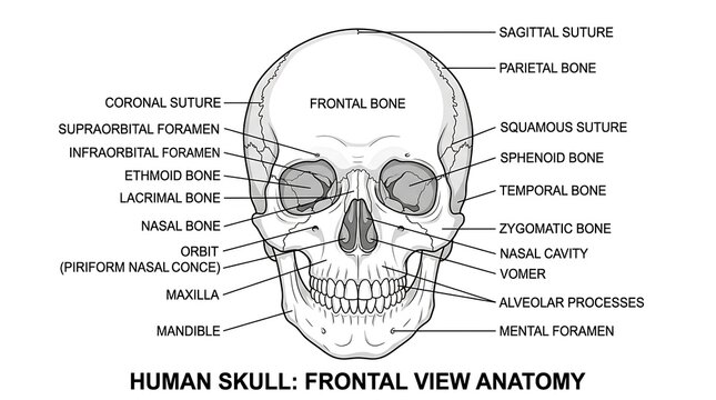 Anatomy diagram of human skull frontal view.