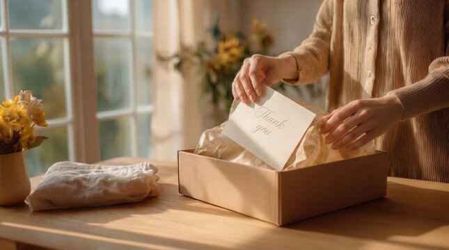 Small business owner placing thank you card into cardboard gift box for sustainable ecommerce packaging and personalized customer appreciation experience copy space.