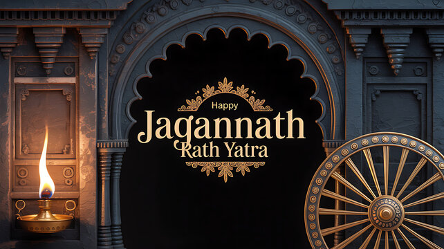 Happy jagannath rath yatra with traditional golden chakra and illuminating oil lamp against a dark, ornate temple archway.