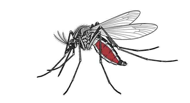 Detailed scientific illustration of a mosquito with a blood filled red abdomen shown in a side profile view on a plain white background.