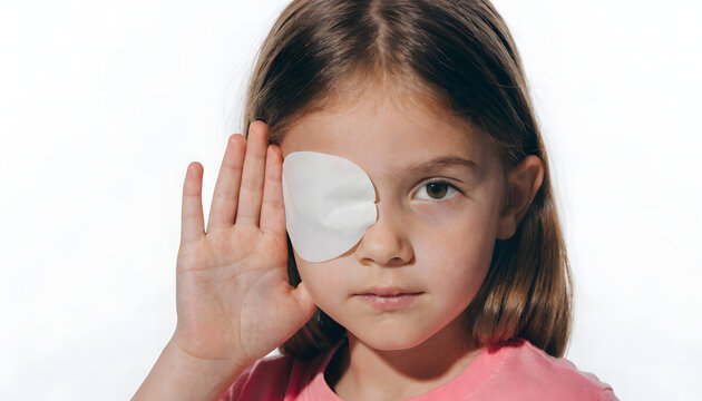Child Eye Patch Occlusion Treatment Close Up Portrait White &mdash; School Girl Dark Hair Pink Top, Square Adhesive Patch Left Eye, Hand Beside Face Neutral Expression &mdash; Amblyopia Lazy Eye