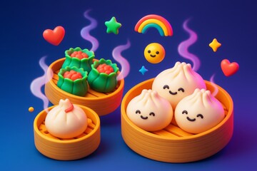 Naklejka premium Cute cartoon dumplings and dim sum with smiling faces in bamboo steamers surrounded by colorful icons on a glowing blue background concept. Ai generative
