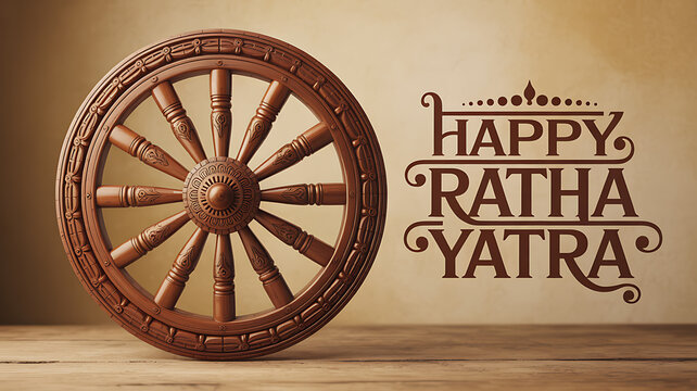 Wooden wheel detailed closeup on rustic table surface accompanied by stylish festive text greeting celebrating annual ratha yatra cultural festival honoring divine carriage ride.