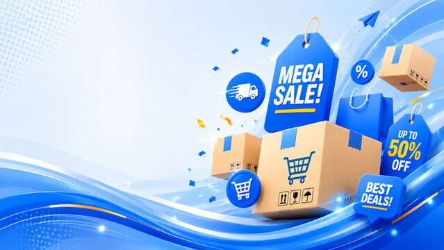 Abstract blue background with sale icons for online shopping event