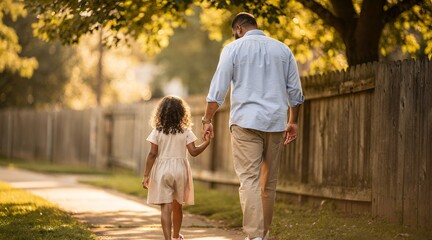 Fototapeta premium Father and daughter walking hand in hand on a sunny autumn path.