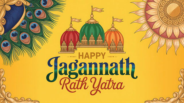 Happy jagannath rath yatra illustration, Hindu festival of chariots with temples, peacock feather, and decorative sun on yellow background.