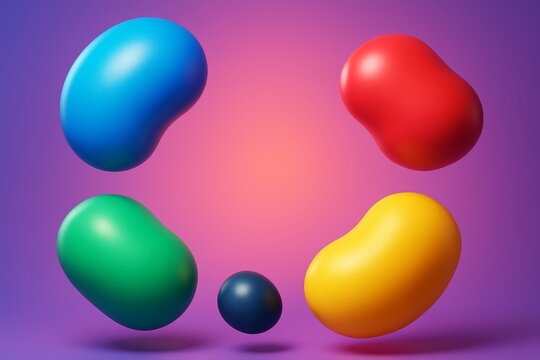 Abstract colorful bean-shaped 3D graphics floating in gradient background with soft lighting, showcasing playful creative composition and balance. Ai generative