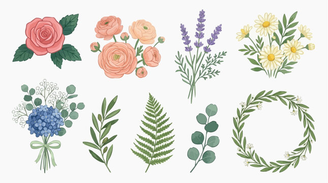 Beautiful botanical floral set with lavender, ranunculus, and fern for design