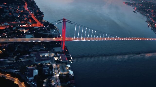Night view of 15 July Martyrs Bridge illuminated over Bosphorus in Istanbul cityscape