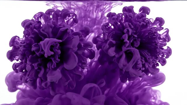 Close up of purple ink bleeding into water forming delicate watercolor floral shapes and botanical patterns