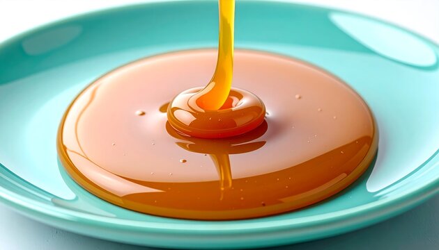 Caramel Sauce on Turquoise Plate.