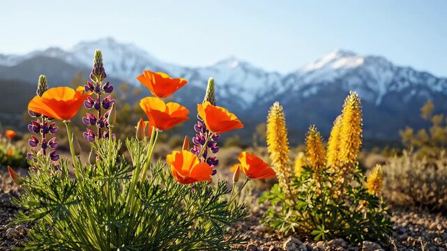 Close up of vibrant desert wildflowers swaying in the wind with majestic snow covered peaks in the soft bokeh background